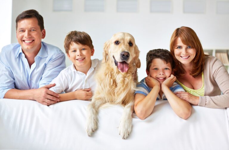 family with four members and dog enjoying air conditioning